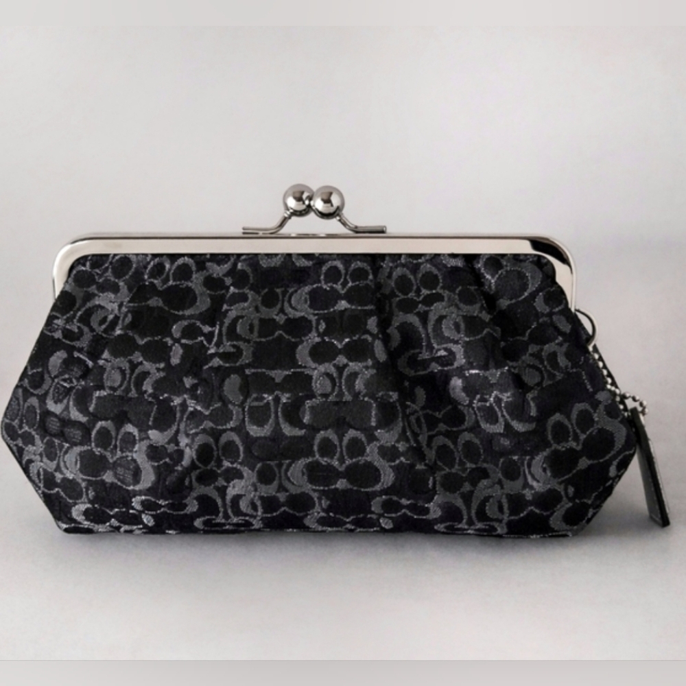 Coach Y2K Signature Optic Kisslock Clutch Black Shimmer Monogram Bag Vintage - Picture 3 of 8